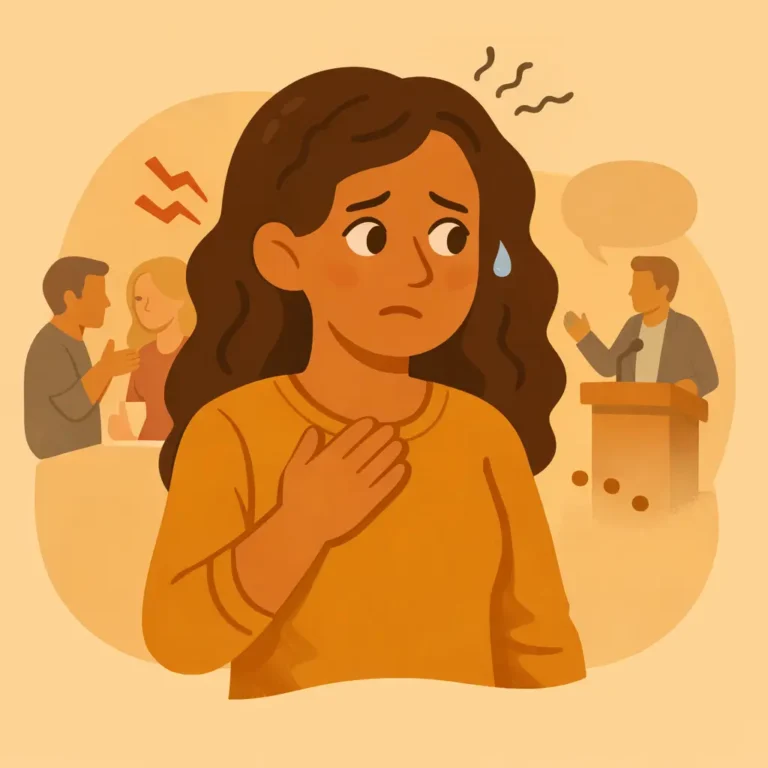 Ilustração de uma mulher sentindo ansiedade social em uma situação pública