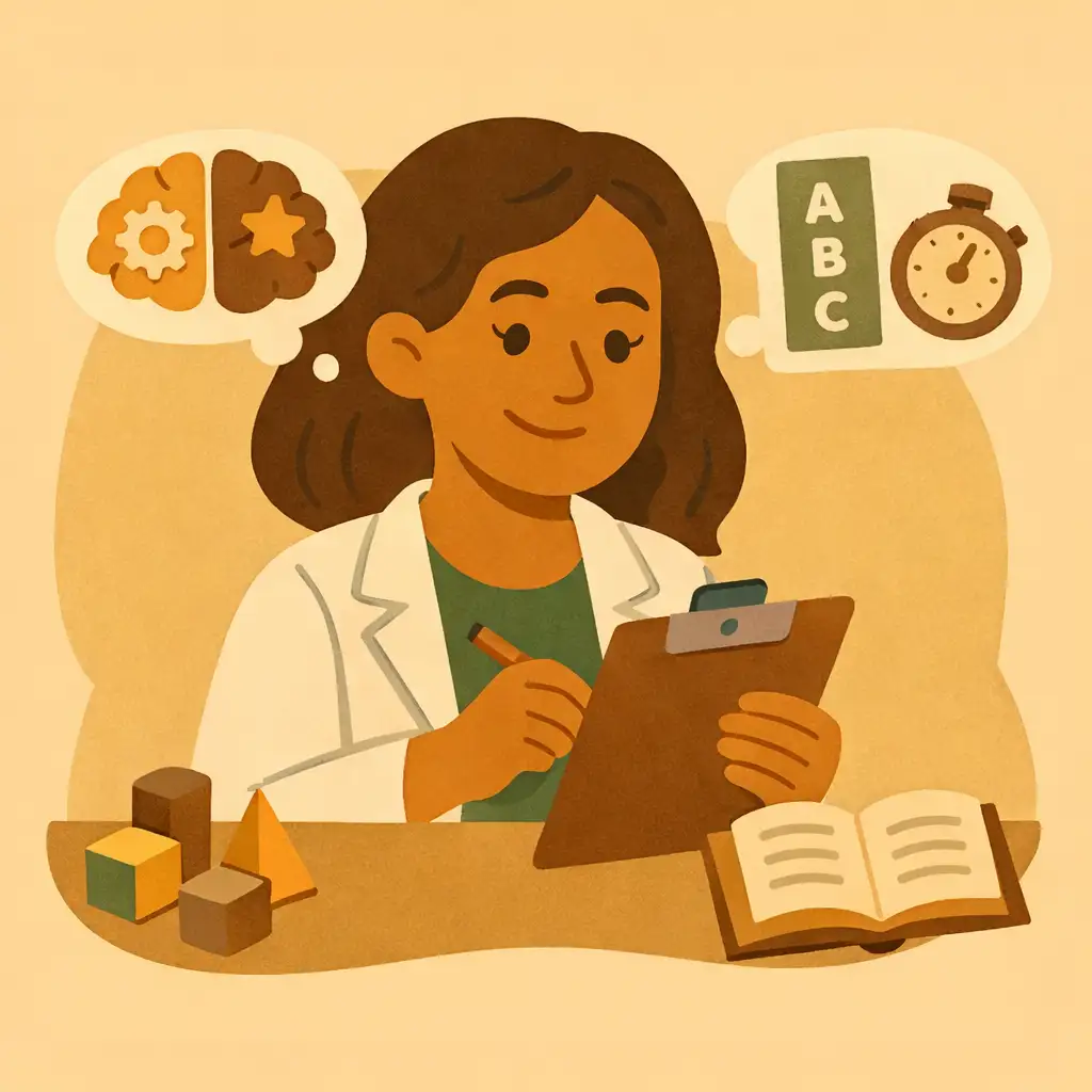 Psicóloga realizando avaliação neuropsicológica com testes de memória atenção e funções cognitivas