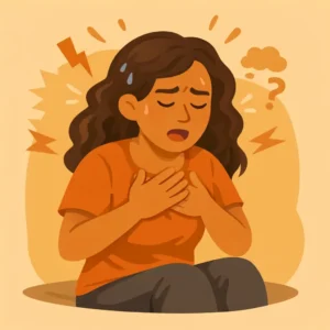 Ilustração de uma mulher com os olhos fechados, respirando fundo e com as mãos no peito, simbolizando aceitação durante uma crise de ansiedade