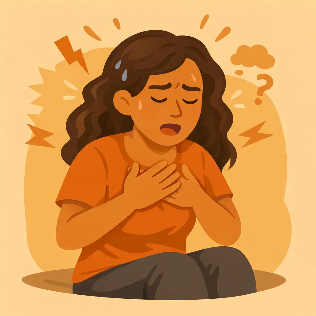 Ilustração de uma mulher com os olhos fechados, respirando fundo e com as mãos no peito, simbolizando aceitação durante uma crise de ansiedade