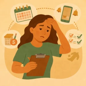 Mulher sobrecarregada tentando controlar tudo ao seu redor com tarefas e preocupações