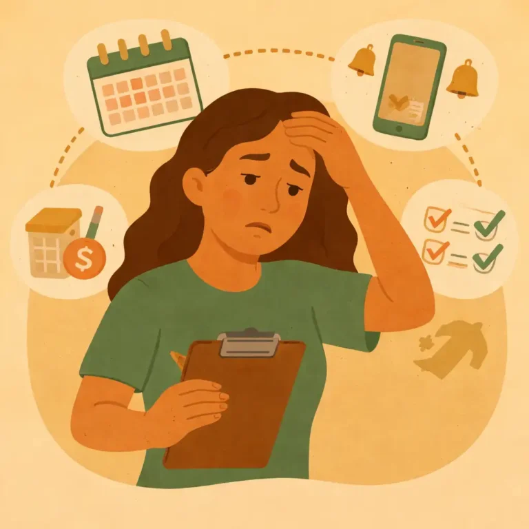 Mulher sobrecarregada tentando controlar tudo ao seu redor com tarefas e preocupações