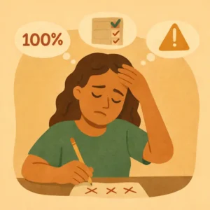 Mulher frustrada com perfeccionismo tentando fazer tudo perfeito e se cobrando excessivamente