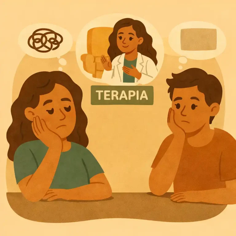 Pessoa refletindo sobre procurar terapia enquanto conversa com psicóloga