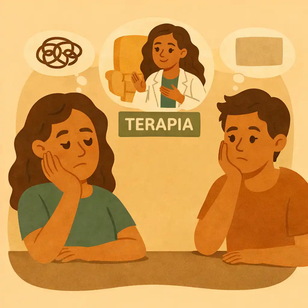 Pessoa refletindo sobre procurar terapia enquanto conversa com psicóloga