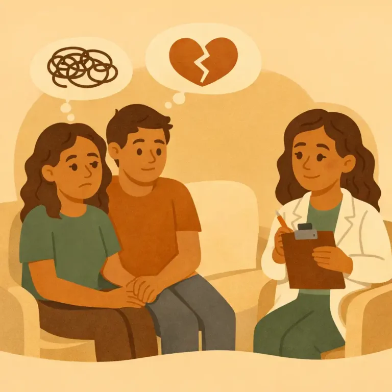 Casal conversando com psicóloga em sessão de terapia para relacionamentos