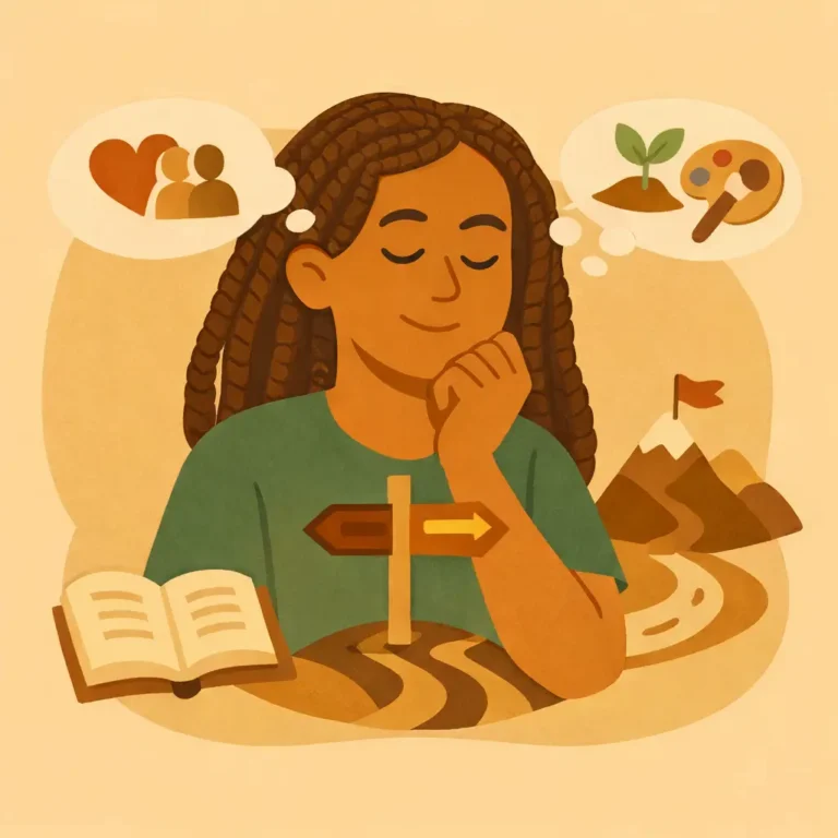 Mulher refletindo sobre valores pessoais e direção na vida com símbolos de escolhas e propósito