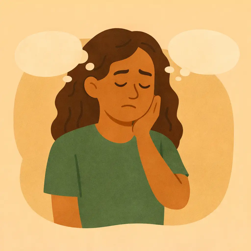 Mulher refletindo com sensação de vazio emocional e pensamentos distantes